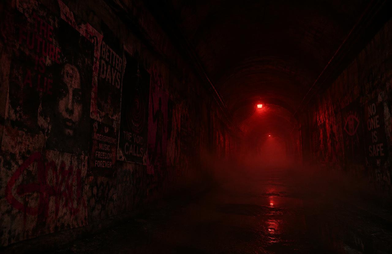 Shadowed figure beneath a red light in an underground passage